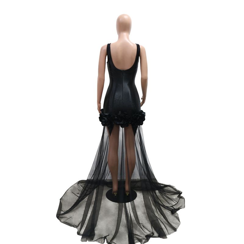 Damenbekleidung Sling Flower Mesh Kleid Gespleißt Langer Rock Sexy Sling Hot Diamond Hip Wrap_voghion.com