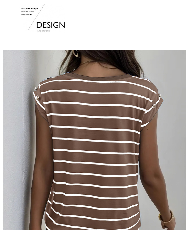 T-shirt pullover semplice nuova casual con bottoni a righe_voghion.com