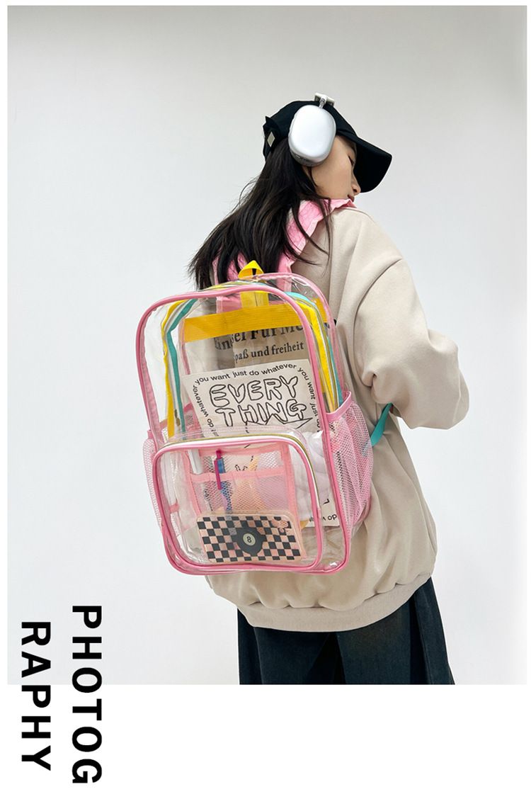 Zaino in PVC trasparente a contrasto con colore Dopamina, versione coreana, borsa per studenti trasparente alla moda, borsa in PVC_voghion.com
