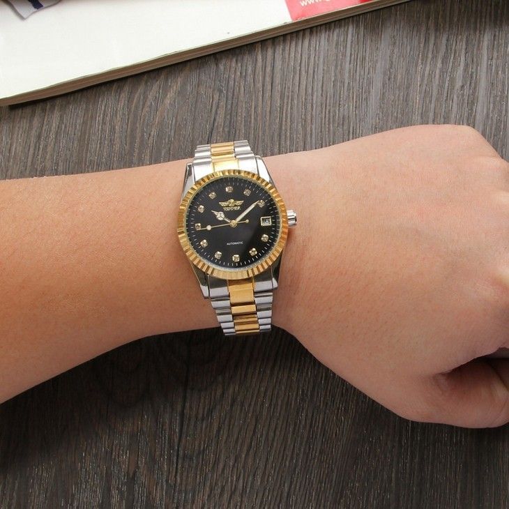 men's gold steel band business watch rhinbit band calendar through the bottom automatic manual mechanical watch_voghion.com