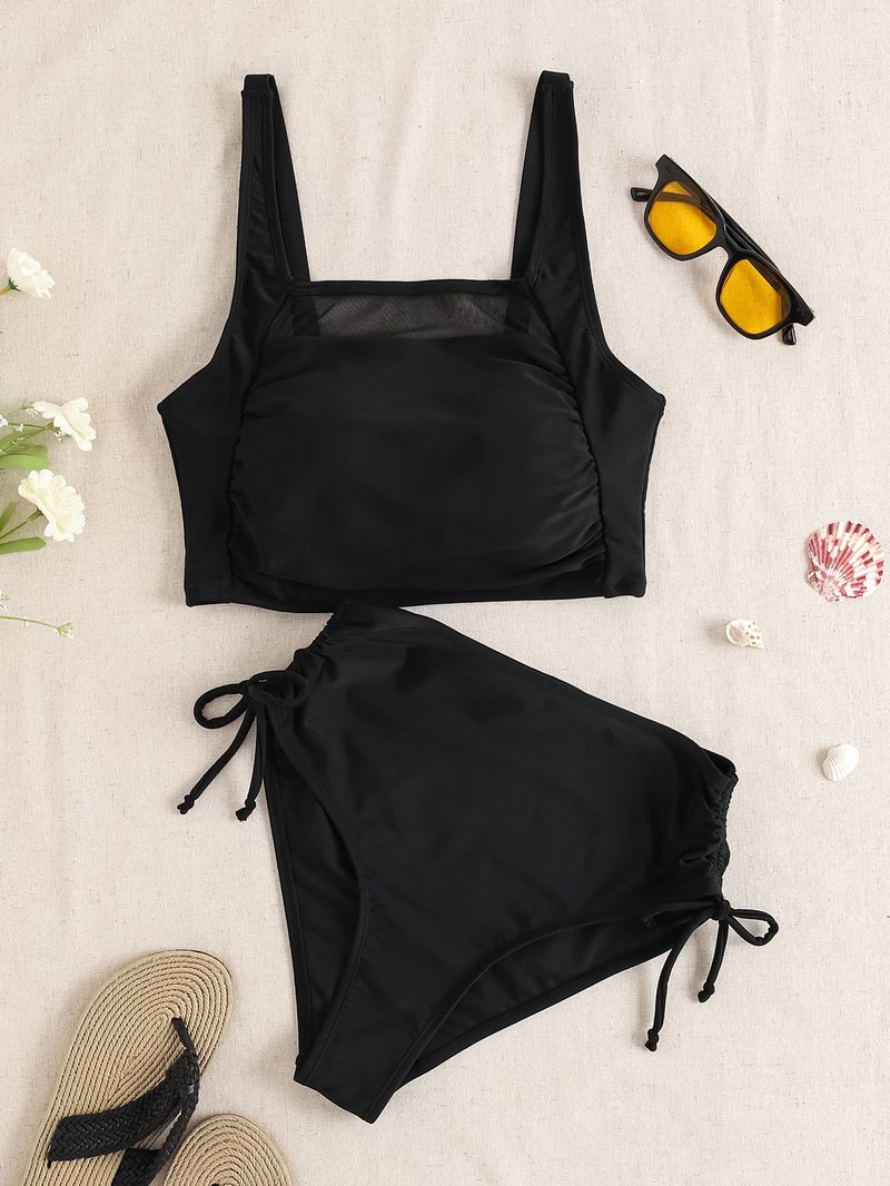 Damenbekleidung Pure Color Mesh Splicing Hohe Taille Kordelzug Split Bikini Badeanzug_voghion.com