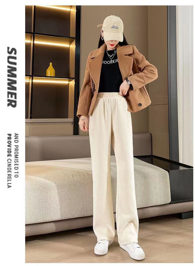 Pantaloni svasati in velluto a coste di ciniglia per donna - Pantaloni a gamba larga foderati in pile invernale, pantaloni da salotto a vita alta morbidi e caldi, pantaloni casual snellenti_voghion.com