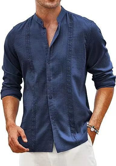 Camicia in cotone e lino con colletto alla coreana, stile casual da uomo, con bottoni, tendenza per le vacanze estive in spiaggia, 2025_voghion.com
