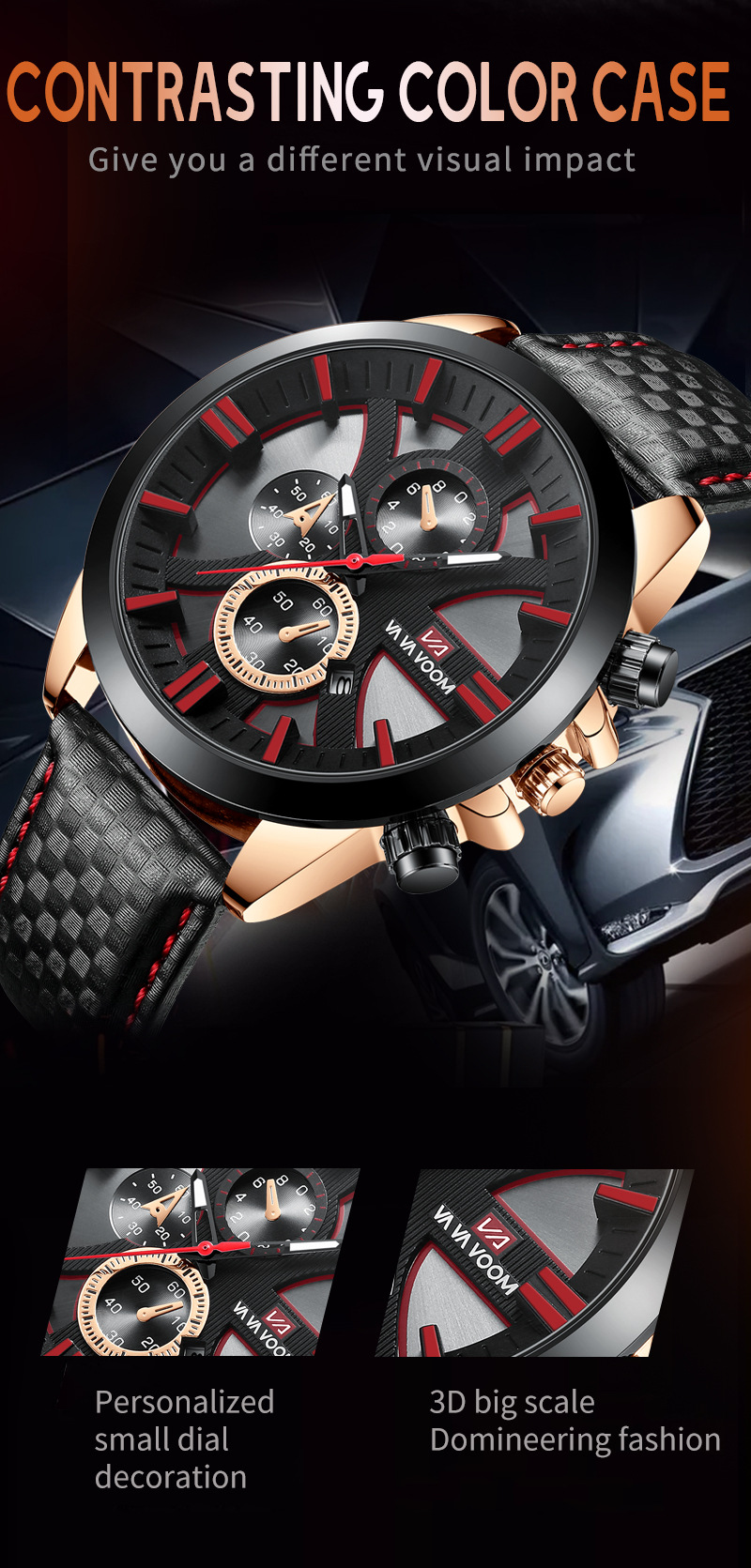 VA VOOM Waterdicht Multifunctioneel Zes-pins Kalender Sport Herenhorloge met Leren Band_voghion.com