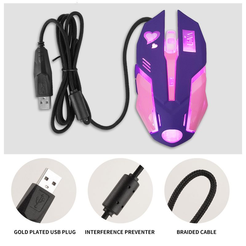 Mouse da gioco optoelettronico cablato con computer carino, rosa silenzioso, viola chiaro, luminoso_voghion.com