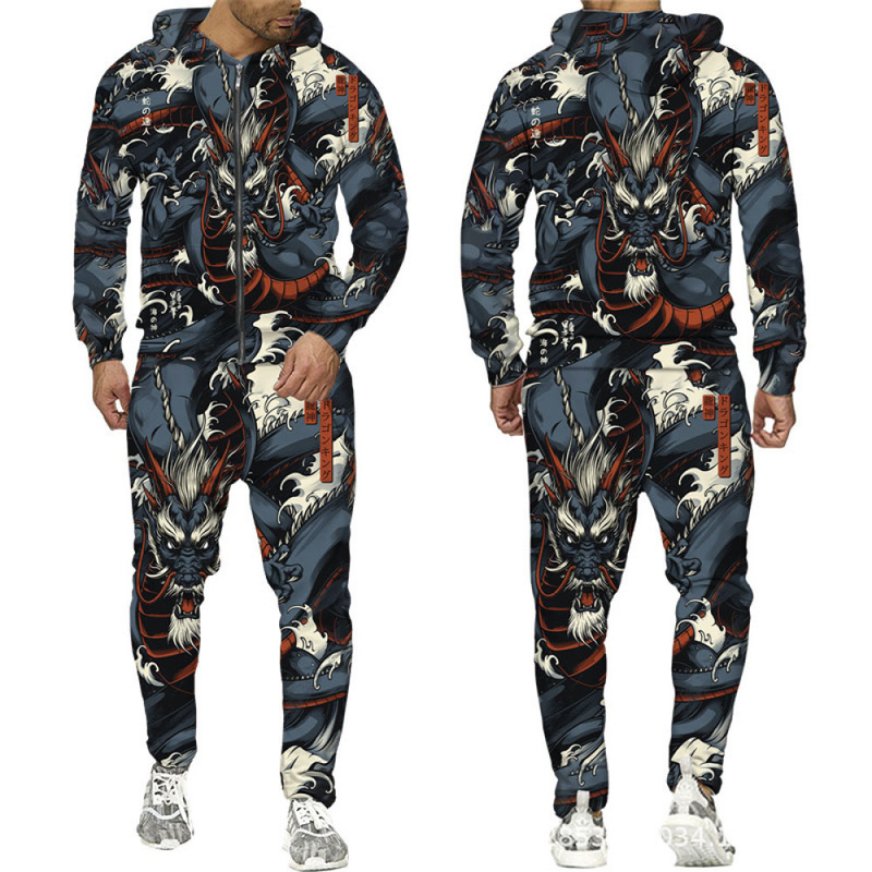Ensemble de sweats à capuche zippés de sport pour hommes, pantalons, motif dragon, ensemble de sweat à capuche imprimé en 3D_voghion.com
