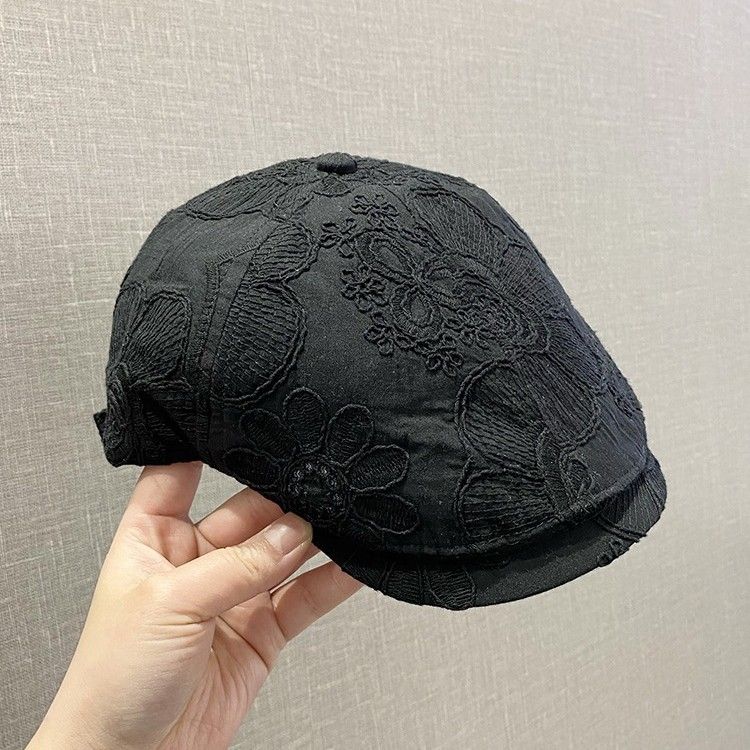 Thin Embroidered Flower Forward Cap For Women, Spring And Summer New Versatile Face-Slimming Duckbill Beret, Breathable_voghion.com