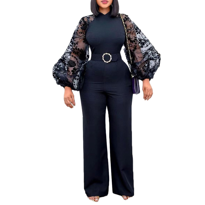 Women's Clothing Free Belt Stand Collar Mesh Lantern Sleeves Slim Large Size Women's African Wide Leg Jumpsuits_voghion.com