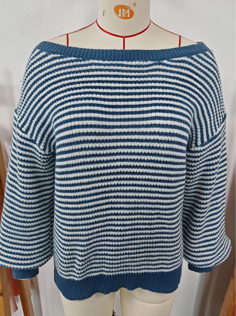 Women's Off-Shoulder Knit Sweater With Color Block Stripes & Lantern Sleeves – Relaxed Fit, Casual Elegance For Fall_voghion.com