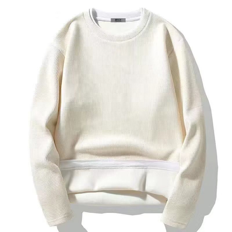 Heren wafelgebreid T-shirt met lange mouwen, winterse thermische gelaagdheid, shirt met losse pasvorm, trui met fleecevoering, casual streetwear_voghion.com