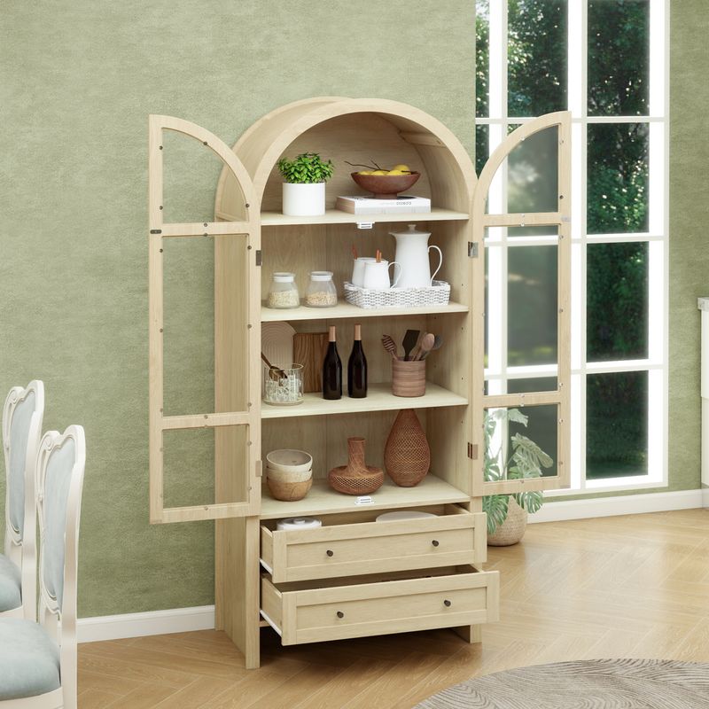 Hochschrank Naturfarben 178cm Mit Acrylglastüren, 2 Schubladen, Bogenförmig_voghion.com