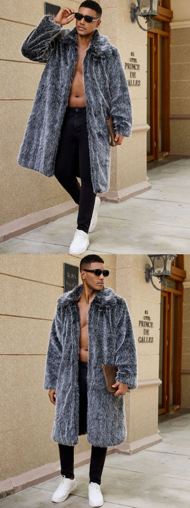 Cappotto lungo in pelliccia sintetica da uomo con collo a revers - Giacca oversize invernale da strada in colori sfumati (bianco/giallo/cammello/marrone/nero, dalla S alla XXXL)_voghion.com