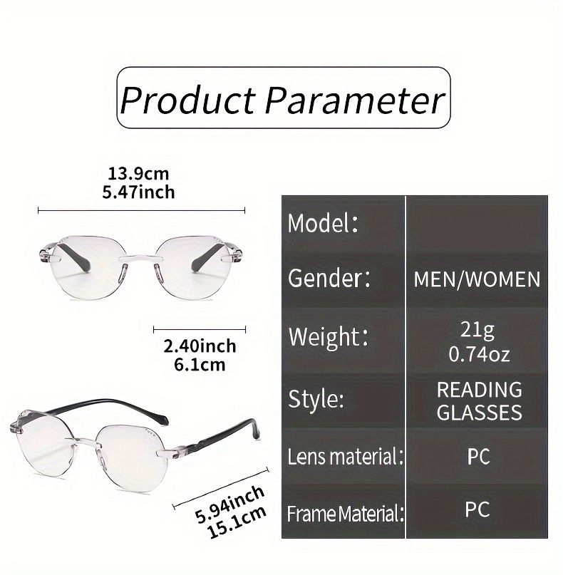 Elegant Geometric Rimless Reading Glasses With Rhinestone Accents, Full Rim Frame, Comfortable Lightweight Design, 1.0 To 3.5_voghion.com