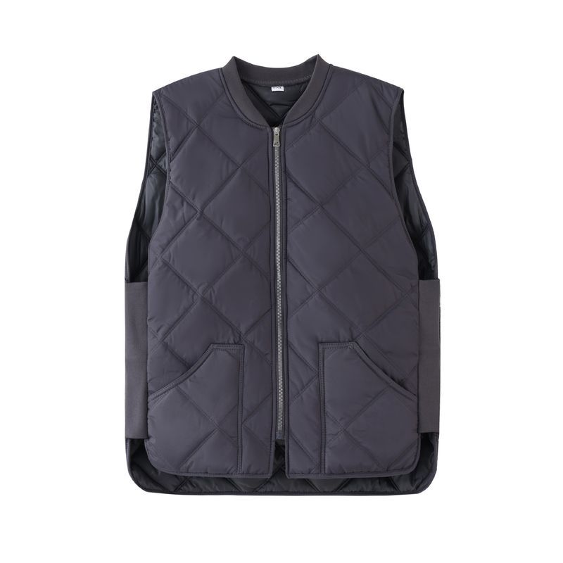 Modna pikowana kamizelka męska – dopasowana kamizelka puchowa z dekoltem w serek i kieszeniami zapinanymi na zamek (czarno-szara, 3XL-6XL)_voghion.com