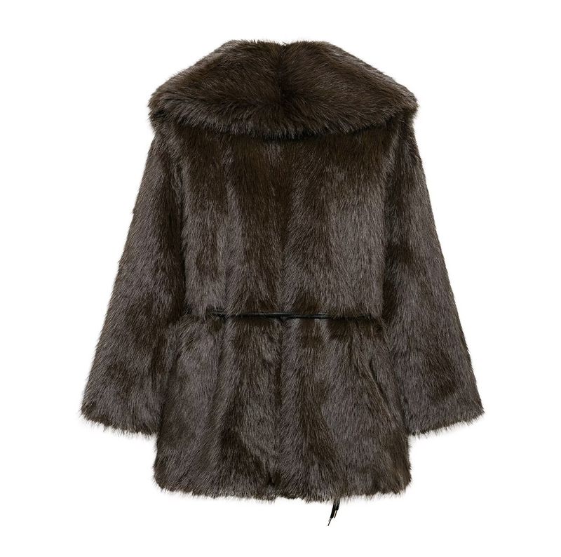 Women's Faux Fur Coat Elegant Lapel Belted Trench Style Winter Jacket Polyester Blend Fashion Outerwear_voghion.com