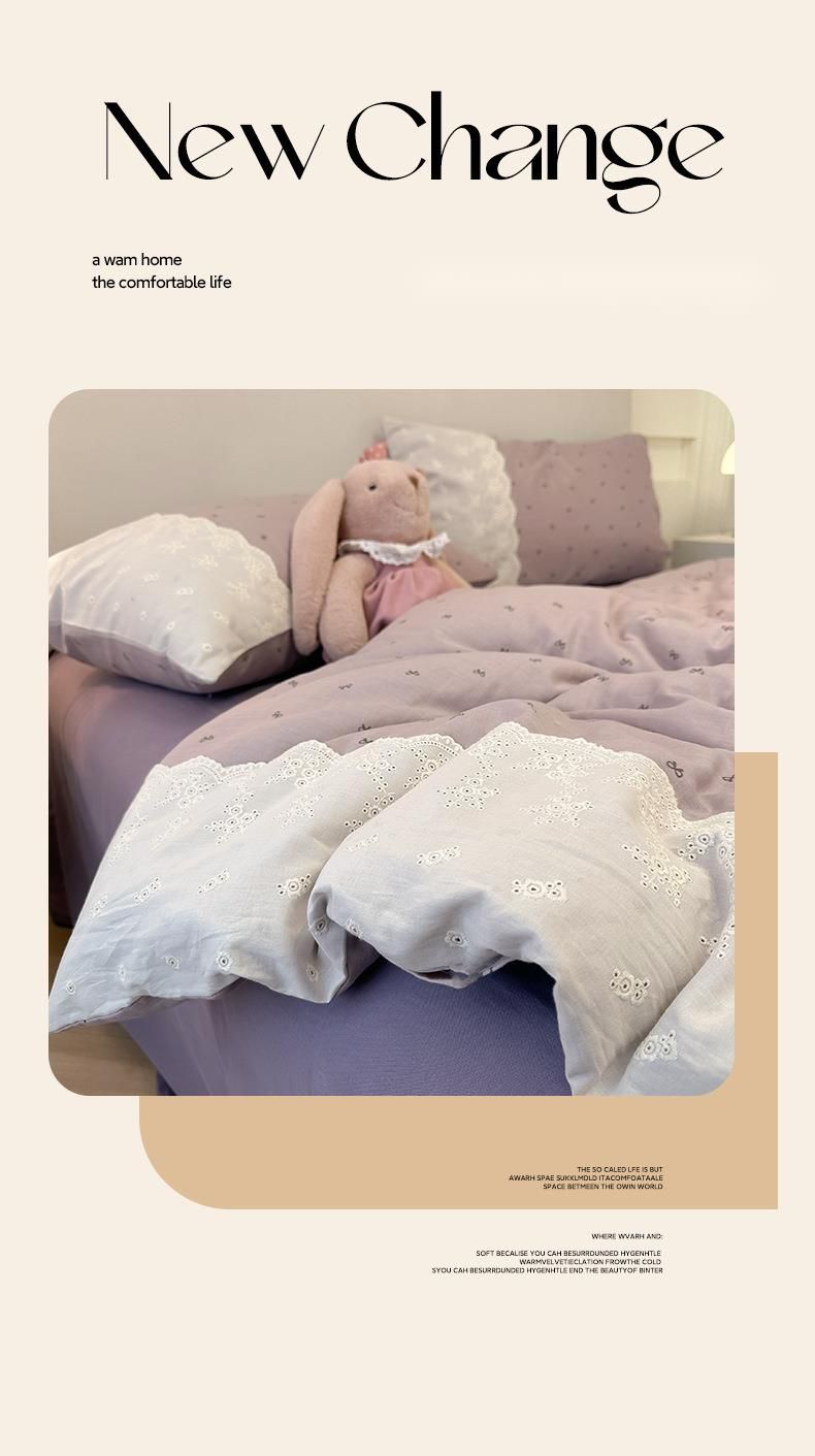 Parure de lit de style français de classe A, quatre pièces, housse de couette en gaze de coton pur, double couche, drap-housse d'été pour dortoir_voghion.com
