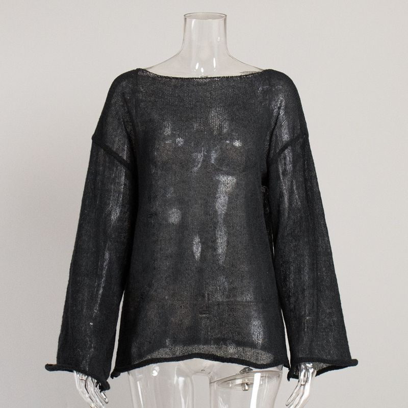Abbigliamento da donna, maglia in pizzo trasparente, manica lunga, oversize, scollo rotondo, camicetta con maniche a campana, maglietta leggera autunnale boho chic_voghion.com