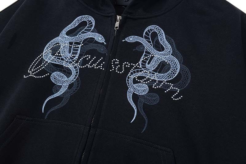Retro-Kapuzenjacke mit Doppelschlangen-Print – Übergroßer Streetwear-Unisex-Reißverschluss mit Strass-Details | Vintage-inspiriertes Statement-Piece_voghion.com