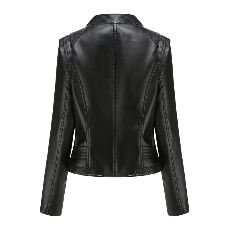 Dammekleedung Neie PU Lapel Schlank Liederjacket Fréijoer an Hierscht Dënn Langarm Mantel Kuerzjacket_voghion.com
