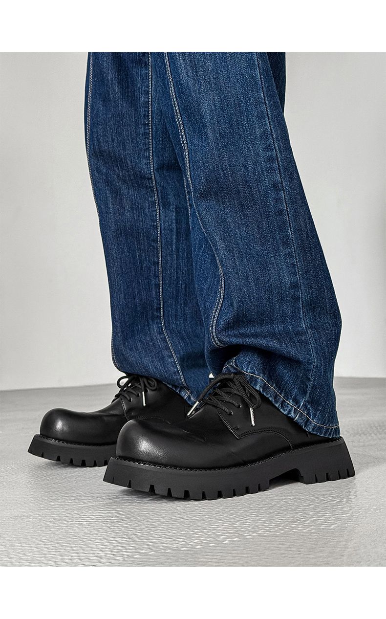 Derby-Schuhe für Herren mit dicker Sohle, schick, echt, lässig, großer Kopf, extra hoch, schwarze kleine Lederschuhe, Damen, britische runde Zehenpartie_voghion.com