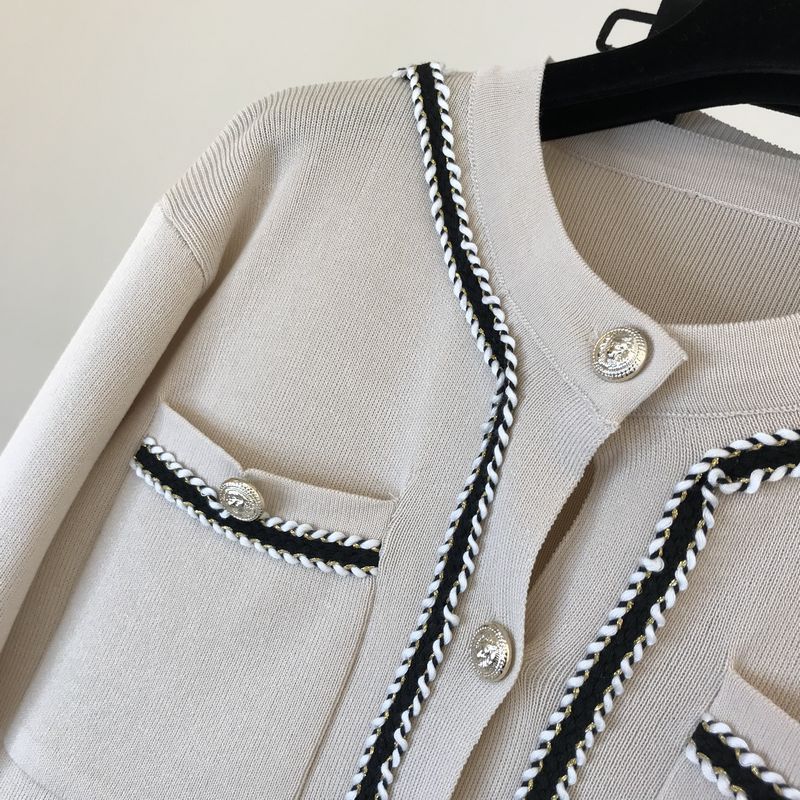 Kadın moda yuvarlak boyun örme hırka üst geniş bacak pantolon iki parçalı set_voghion.com