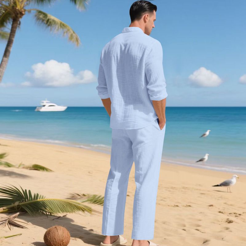 Set di pantaloni da spiaggia con risvolto semplice, camicia a maniche lunghe, tinta unita, stile europeo e americano, da uomo, stile autunnale, ampio e alla moda_voghion.com