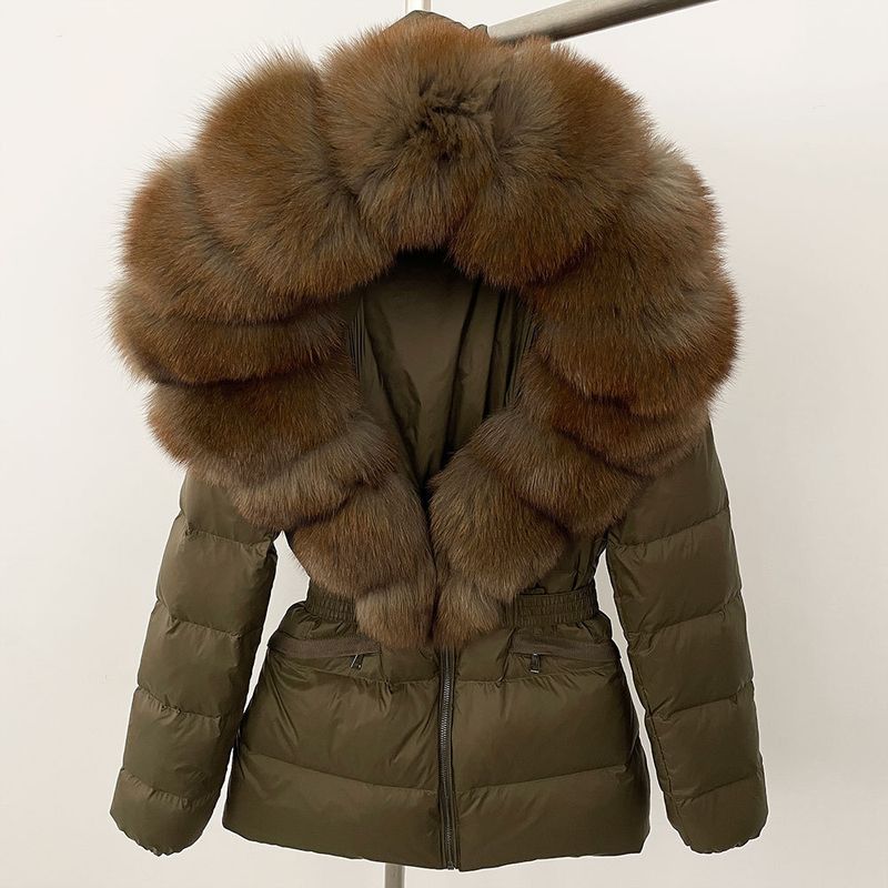Luxury Faux Fur Trim Hooded Down Jacket For Women, Slim Fit Waist Belt, Warm Winter Coat With Detachable Fox Fur Collar, Polyester Shell_voghion.com