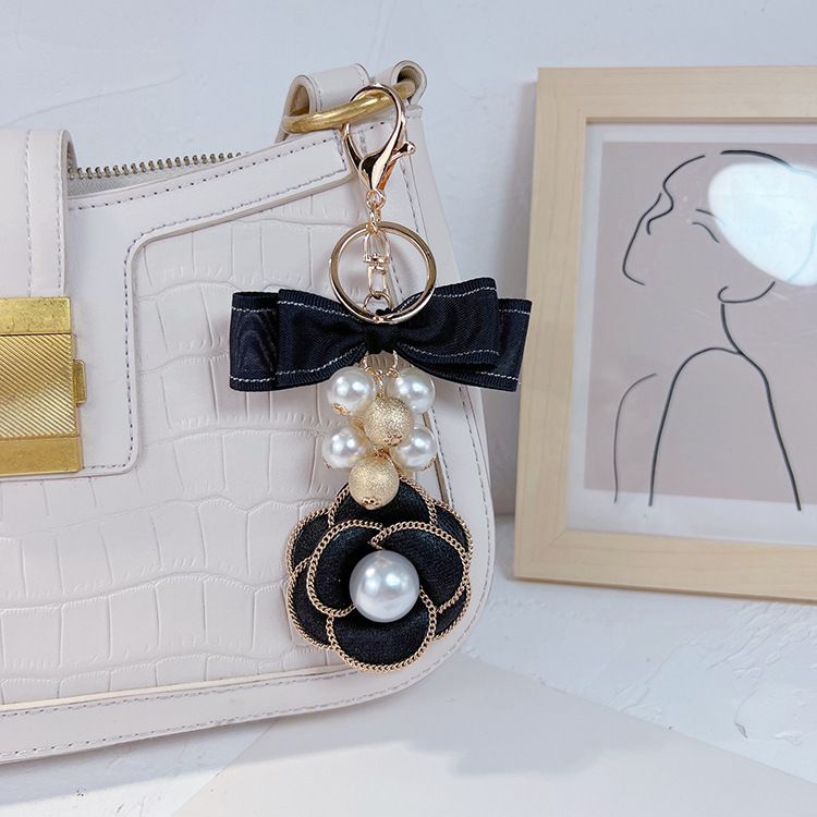Chain pearl camellia bag pendant fashionable women's double-layer bow creative keychain goods_voghion.com