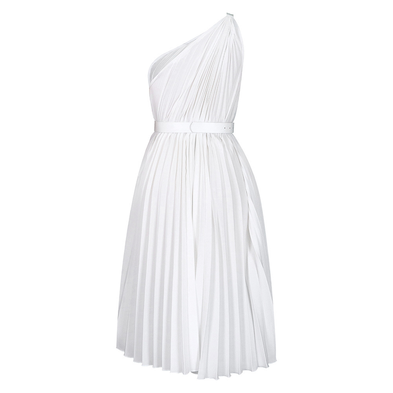 Women's with belt new fashion temperament slanted shoulders solid color pleated skirt hem _voghion.com