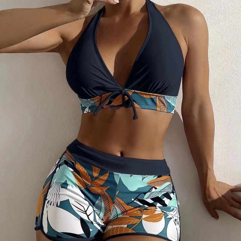 Women's Clothing Swimsuit Women's Split High Waist Boxer Tie Bikini Printed Solid Color Swimsuit_voghion.com