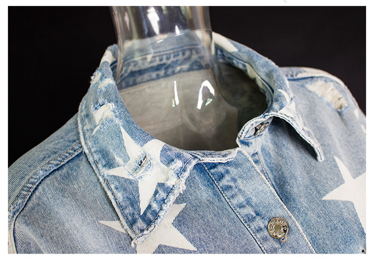 Sieviešu džinsu jaka ar zvaigžņu apdruku ar garām piedurknēm_voghion.com