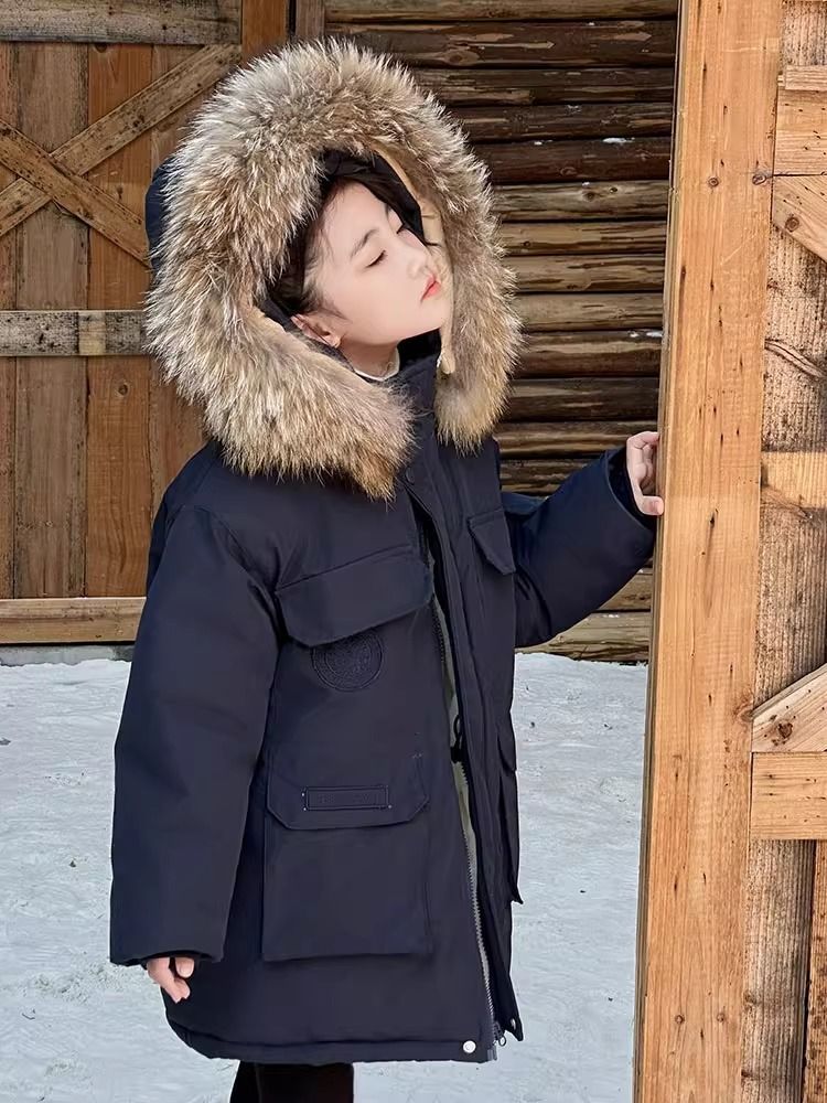 Kinder-Winterparka mit abnehmbarer Kunstpelzkapuze – dicke Außenschicht und Fleece-Innenfutter für Jungen und Mädchen (120–170 cm, Marineblau/Rot, winddicht und gemütlich)_voghion.com