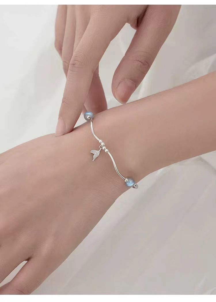 Braccialetto in argento sterling SNOW&HOMEL con coda di pesce, design di nicchia, leggero, di lusso, estivo, da donna, con pietra al chiaro di luna, migliore amico_voghion.com