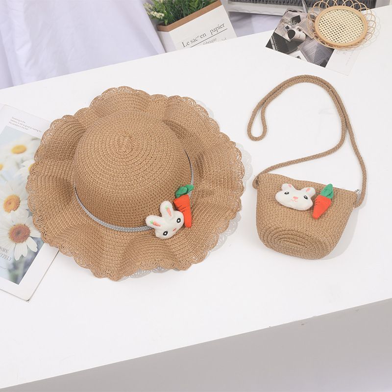 Piccolo set di cappelli da spiaggia con ombrellone in paglia per bambini e bambine, con bordo ondulato fresco_voghion.com