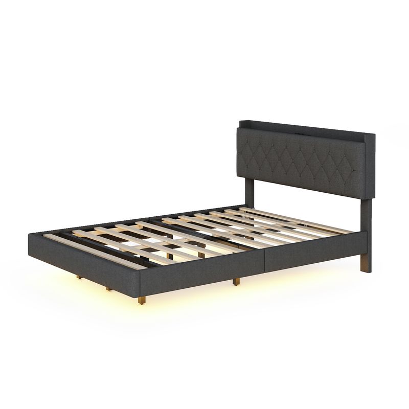 Polsterbett 140x200cm Con USB-Ladefunktion, LED, Leinenstoff Grau_voghion.com
