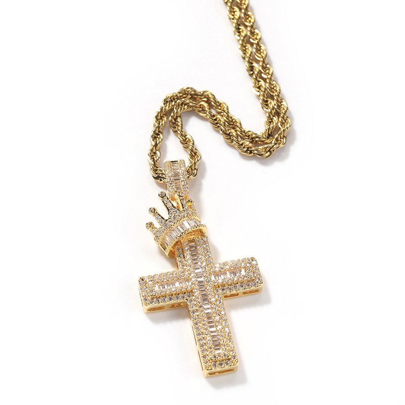 Collana con ciondolo a croce con corona completa per uomo, in rame con zirconi intarsiati, stile hip hop punk, alla moda_voghion.com