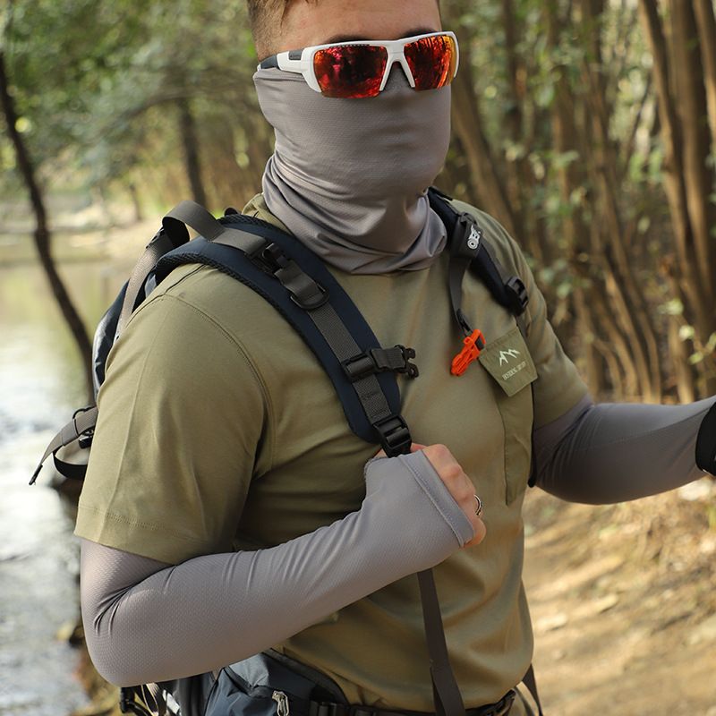 Men's Solid Color Sun Protection Set - UPF 50+ Cooling Face Mask With Neck Cover & Long Arm Sleeves_voghion.com