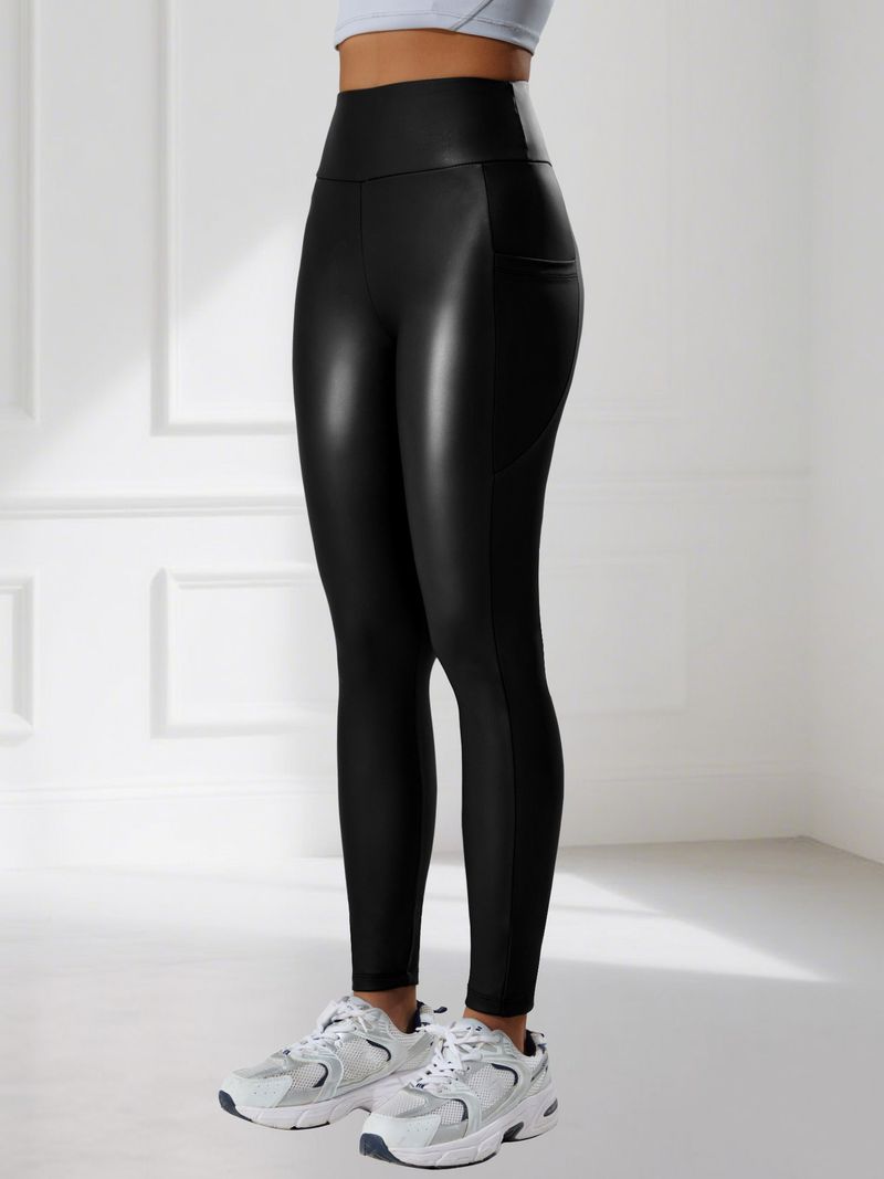 Leggings in pelle PU da donna – Pantaloni da yoga a vita alta con fodera in pile e tasche | Pantaloni elastici per palestra e corsa (neri)_voghion.com