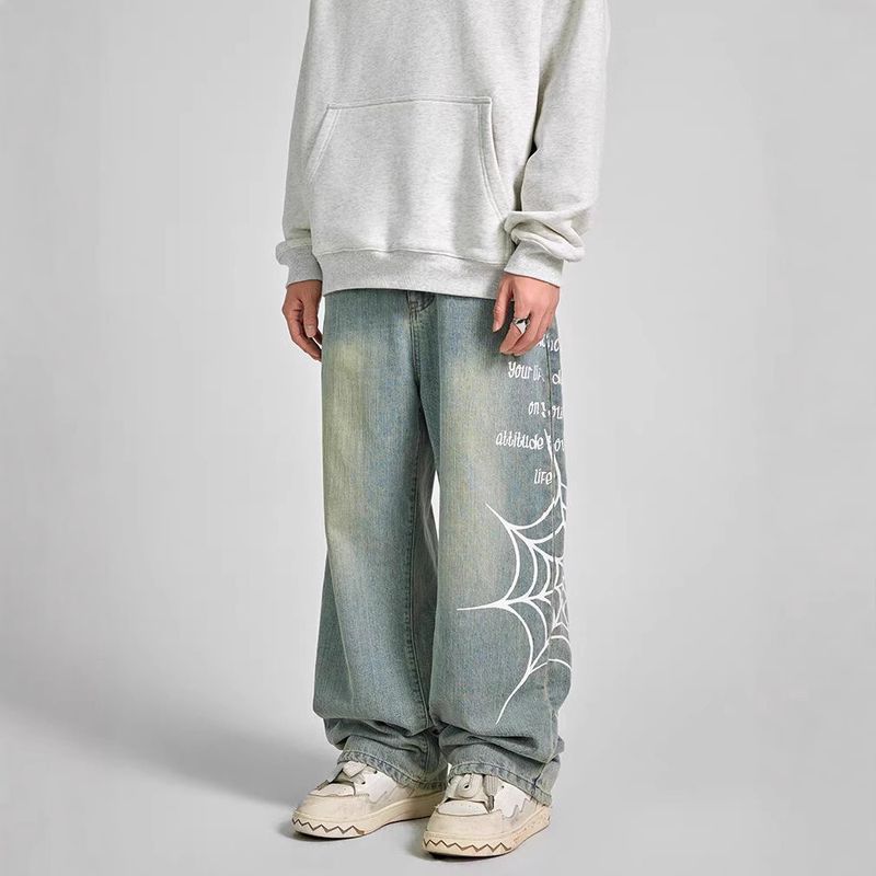 Sokak Giyimi Örümcek Ağı Desenli Kot Pantolon | Erkekler İçin Düz Paça Kot Pantolon | Yüksek Moda Geniş Paça Pantolon (Üniseks Kesim)_voghion.com
