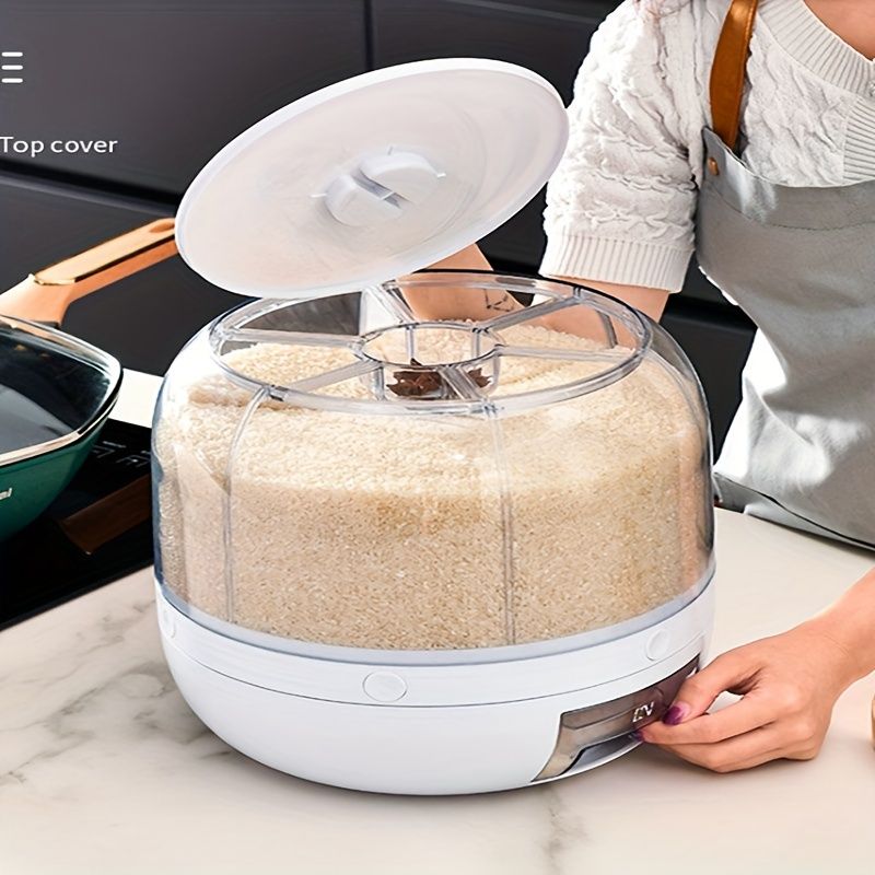 1pc 360-degree Rotating Grain Storage Box With 6 Compartments And Measuring Cup, Automatically Dispenses Rice With Press Button_voghion.com
