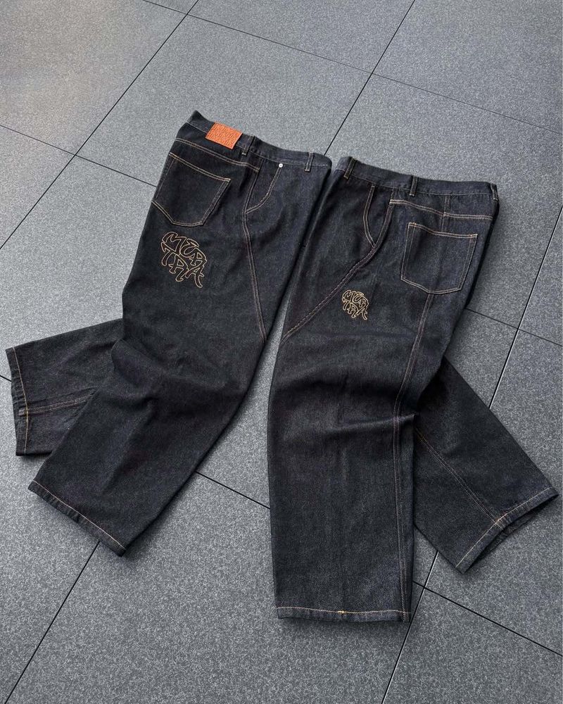 Y2K Baggy Jeans für Männer und Frauen – Low Rise Wide Leg Denim Pants mit Patchwork, 90er Hip Hop Streetwear (Blau/Schwarz)_voghion.com
