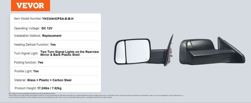 VEVOR Towing Mirrors, Left & Right Pair Set For 2002-2008 Dodge Ram 1500 2500 3500 (Partial 2009 Models), Power Heated With Signal Light & Puddle Light, Manual Controlling Flipping Folding, Black_voghion.com