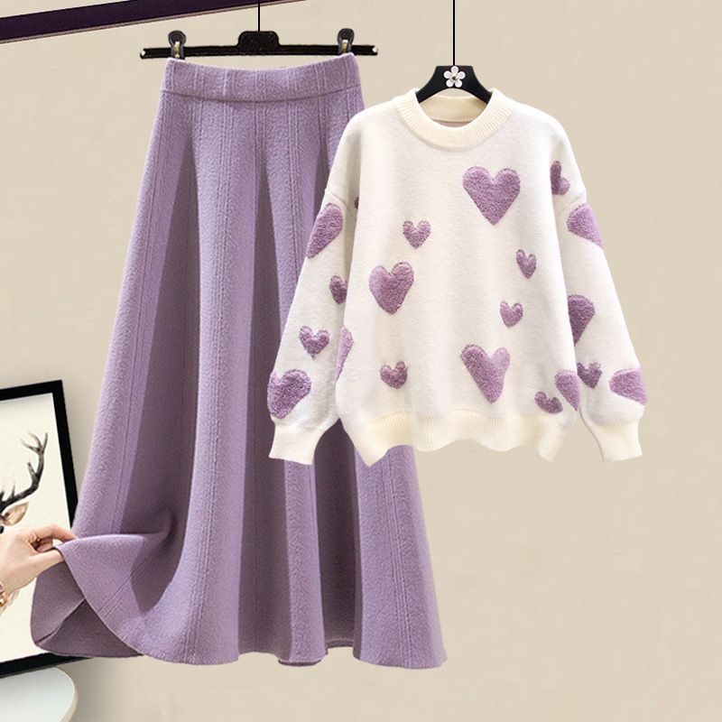 Ensemble printemps grande taille : pull en tricot douillet et jupe mi-longue slim, deux pièces décontractées pour femme (blanc/rouge/violet, S-3XL)_voghion.com