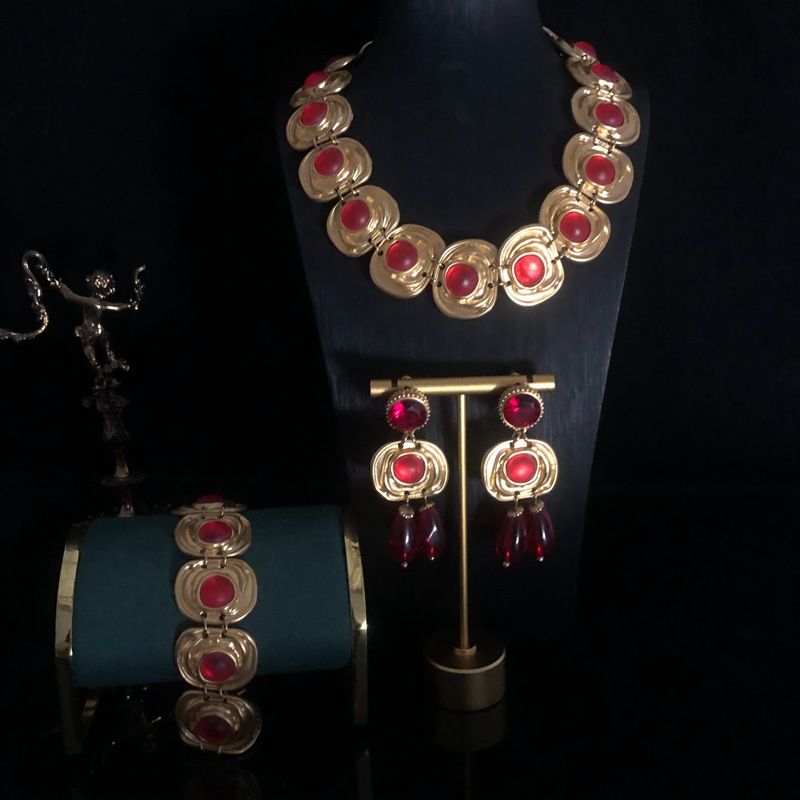Collier à la mode plaqué or véritable et perles de verre givré orange, effet lave, collier court, boucles d'oreilles, ensemble de bracelets_voghion.com