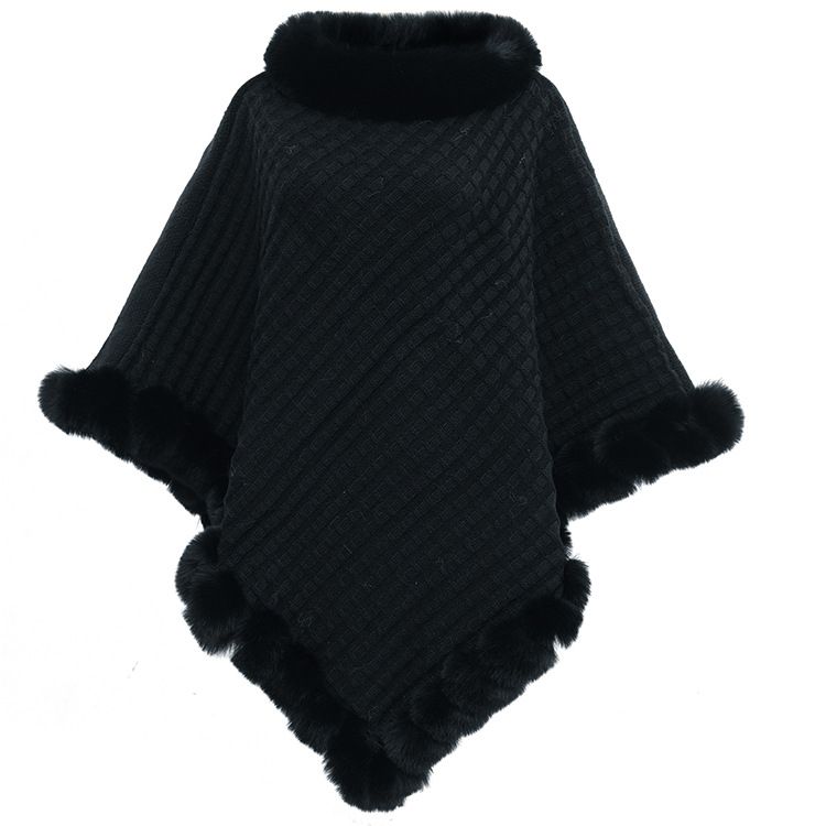 Women's Shawls Autumn And Winter New Imitation Rex Rabbit Fur Collar Pullover Shawl Irregular Large Size Knitted Cloak Loose Knitted Coat For Women_voghion.com