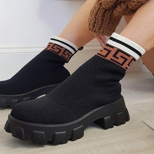 Große schwarze Martin-Stiefel für Damen, Herbst- und Winter-Strickstiefel mit rundem Kopf, Polyurethan-Ärmelsocken, Stiefel für Damen_voghion.com