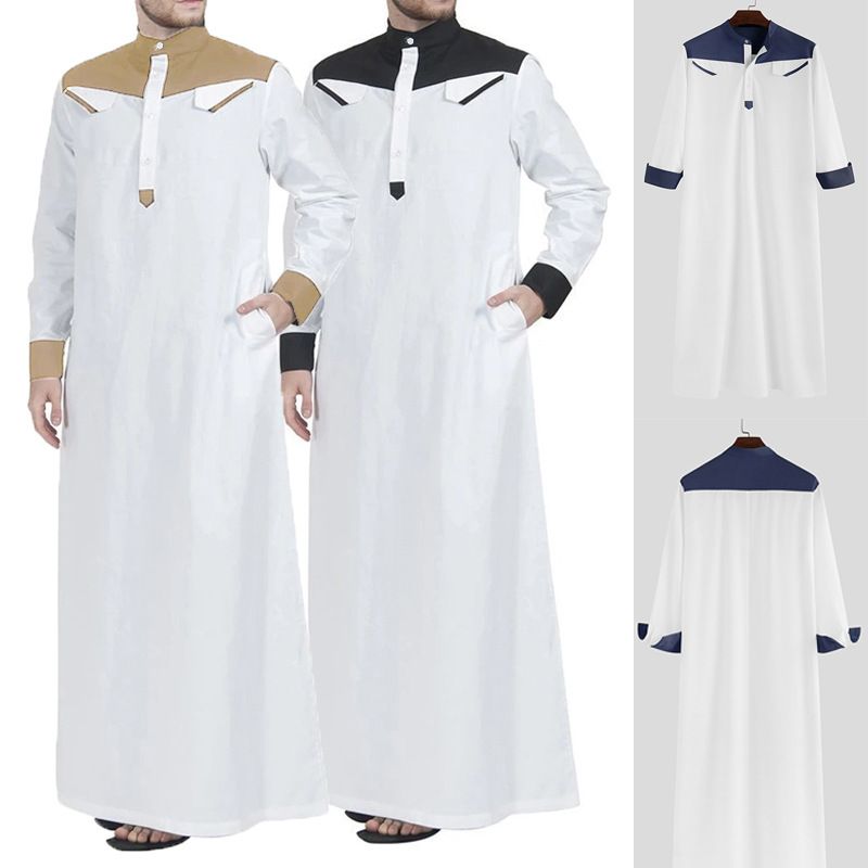 2025 Autumn/Winter New Muslim Men's Loose Stand Collar Contrasting Long Sleeve Ethnic Style Jumpsuit_voghion.com