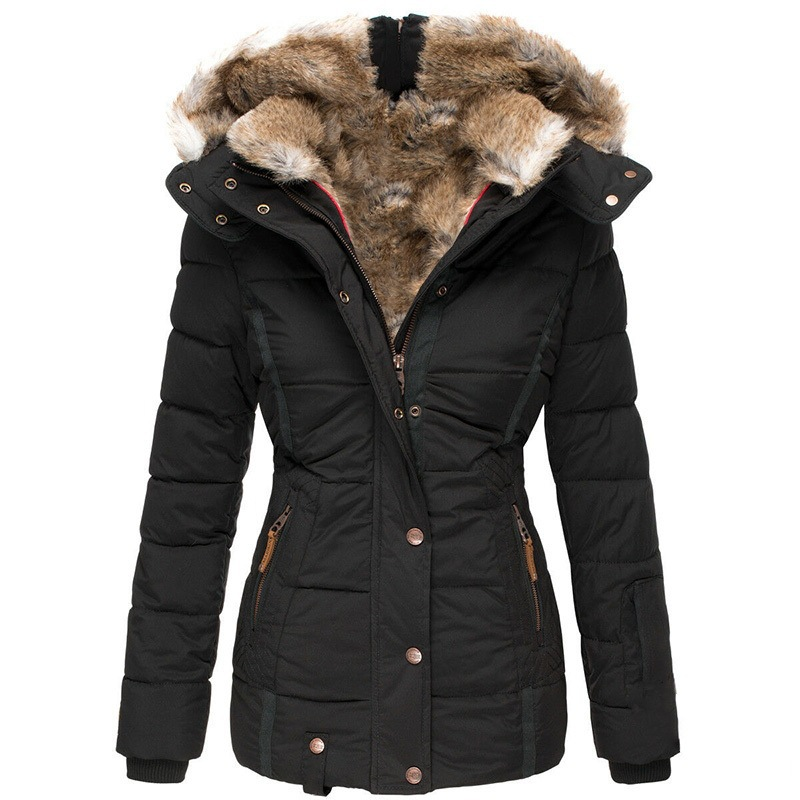 Cappotto invernale da donna con cappuccio foderato in pile e finiture in pelliccia sintetica, giacca a maniche lunghe con cerniera e vestibilità slim per il freddo, capospalla casual ed elegante_voghion.com