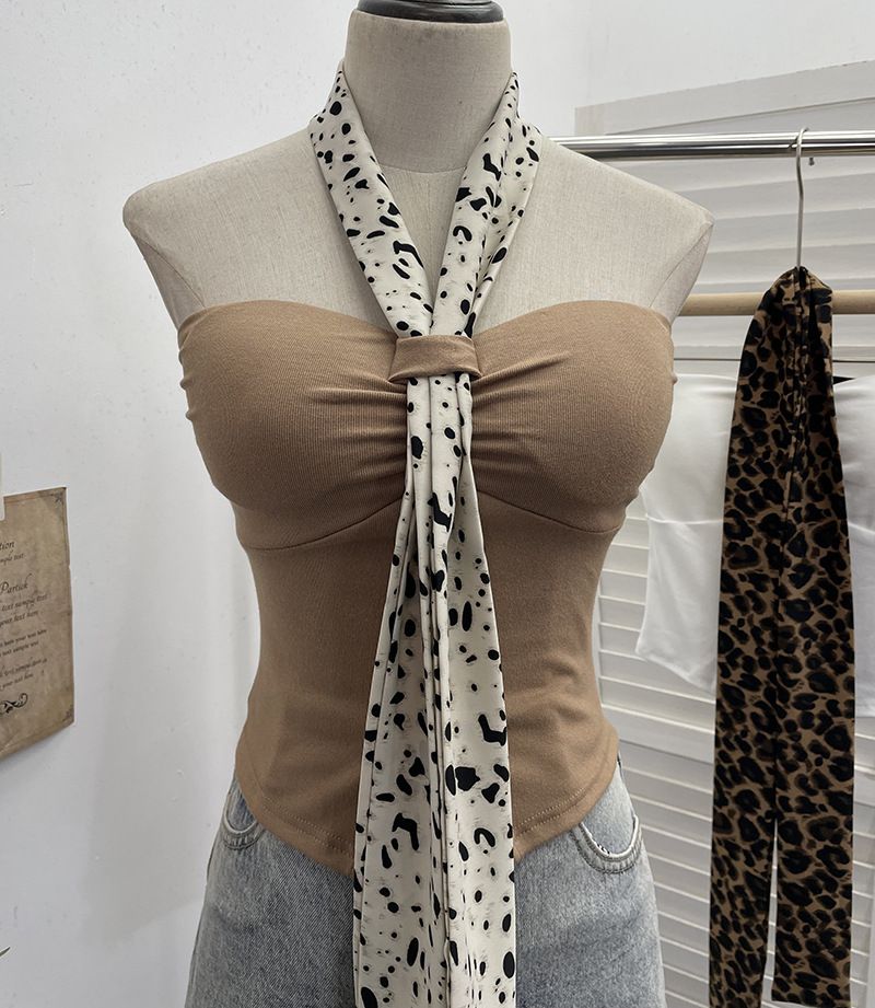Schal mit Leopardenmuster und hängendem Halsdesign, plissierte trägerlose Weste mit Brustkissen, kurzes ärmelloses Oberteil für Damen 9206_voghion.com