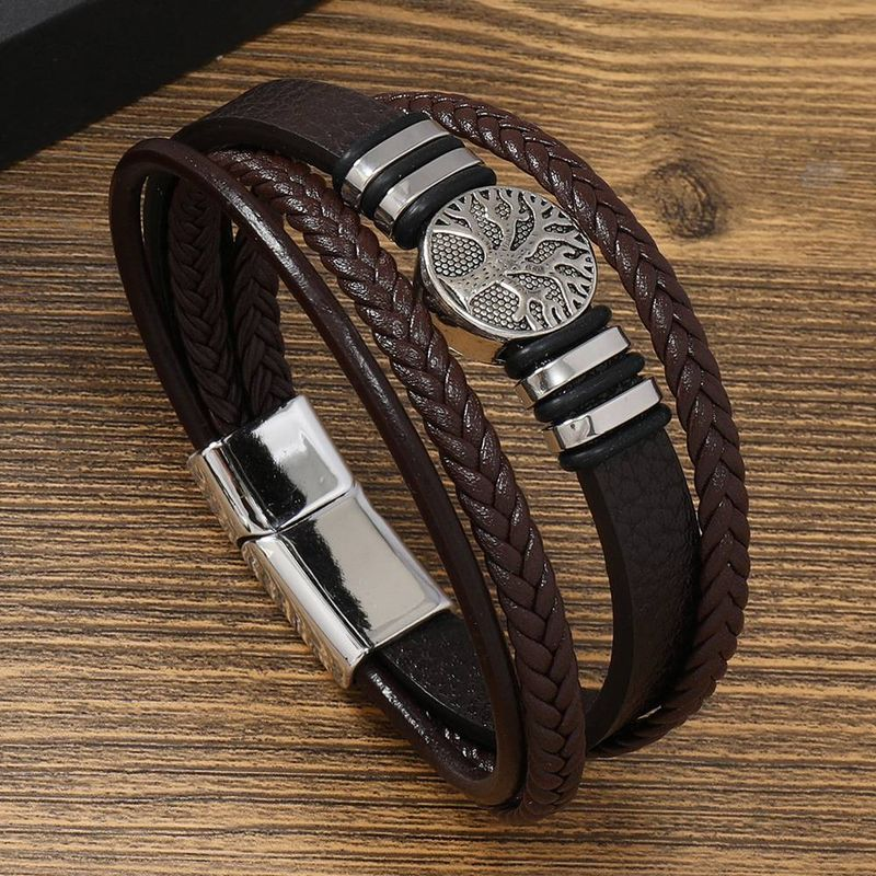 Bracelet en cuir avec fermoir magnétique, 1 pièce, motif arbre de vie, accessoires en alliage, tissé à la main, pour hommes_voghion.com